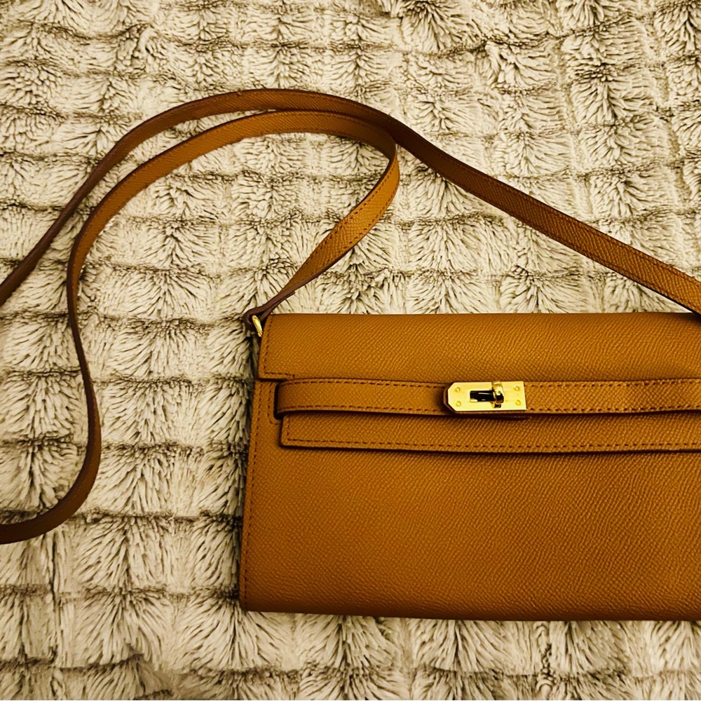 Tan/ Gold  Lookalike Epson Kelly Wallet To Go Gold Leather Clutch